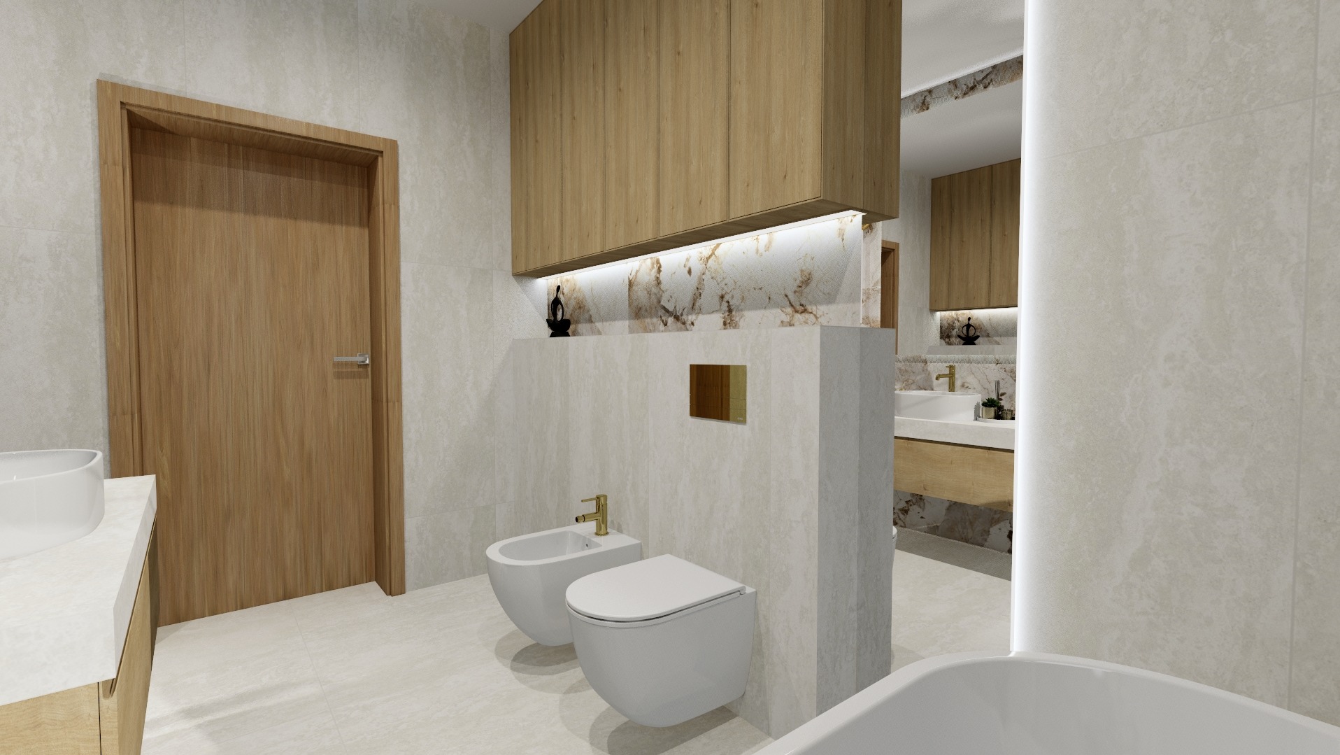 Elegancka łazienka z drewnianymi szafkami, beżowymi płytkami i nowoczesną armaturą. Widoczny bidet, toaleta oraz fragment wanny. Oświetlenie LED podkreśla marmurkowy wzór.