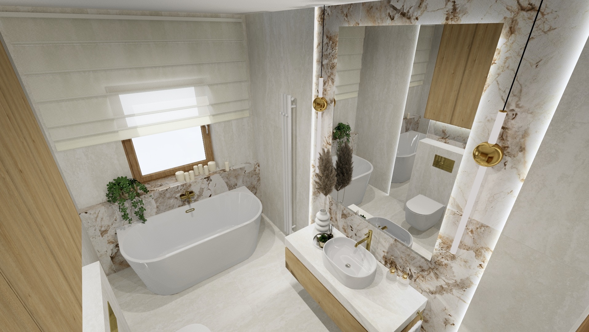 Wizualizacja łazienki w beżach z wanną, umywalką na blacie i dużym lustrem, odbijającym toaletę. Marmurowe wykończenie ścian i oświetlenie LED dodają elegancji.