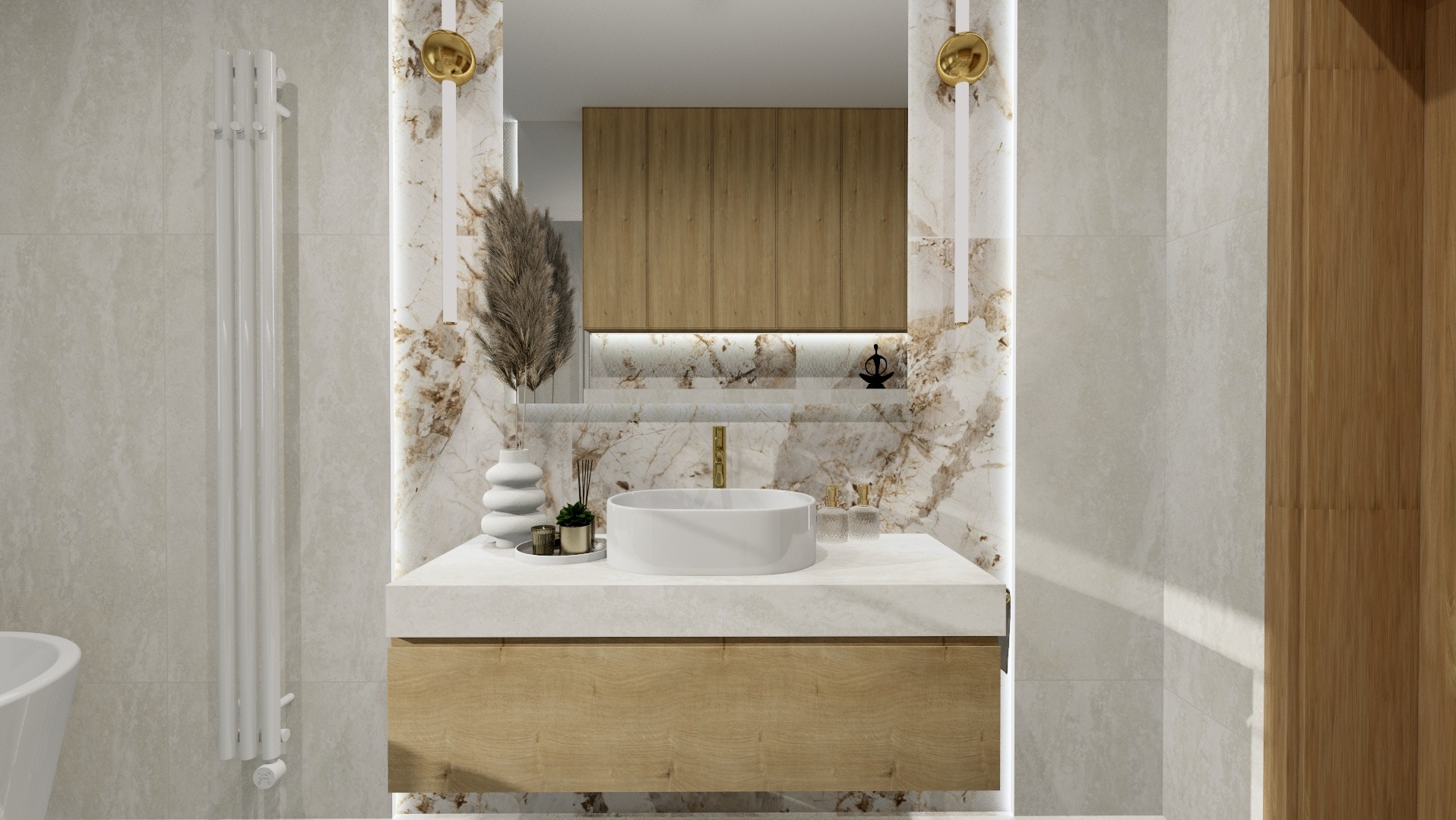 Elegancka łazienka z umywalką nablatową, marmurowym wykończeniem i oświetleniem LED. Złote akcenty lamp i baterii dodają luksusowego charakteru.