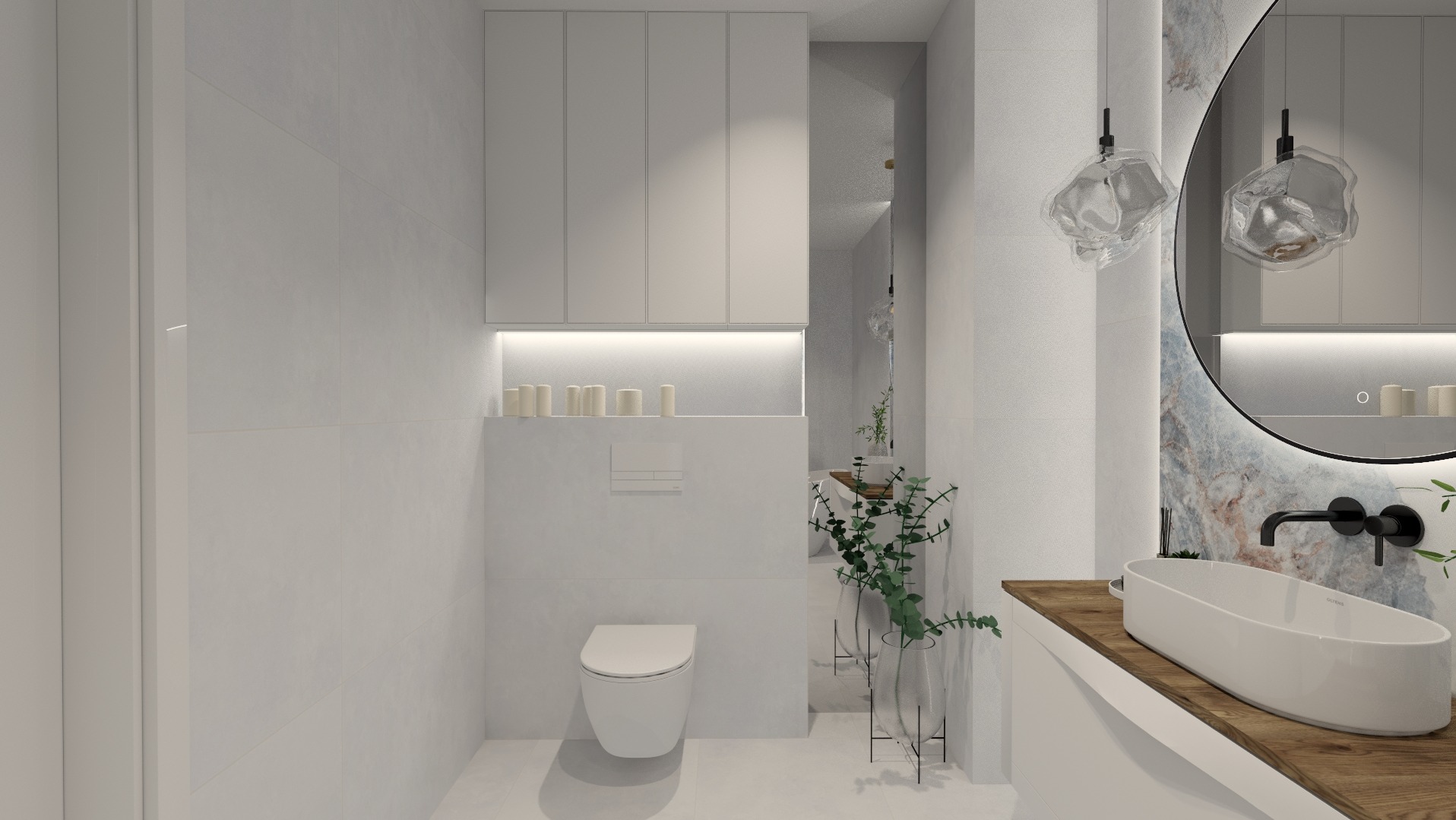 Minimalistyczna, jasna łazienka z owalną umywalką na drewnianym blacie, okrągłym lustrem z podświetleniem LED i subtelnymi szklanymi lampami wiszącymi.