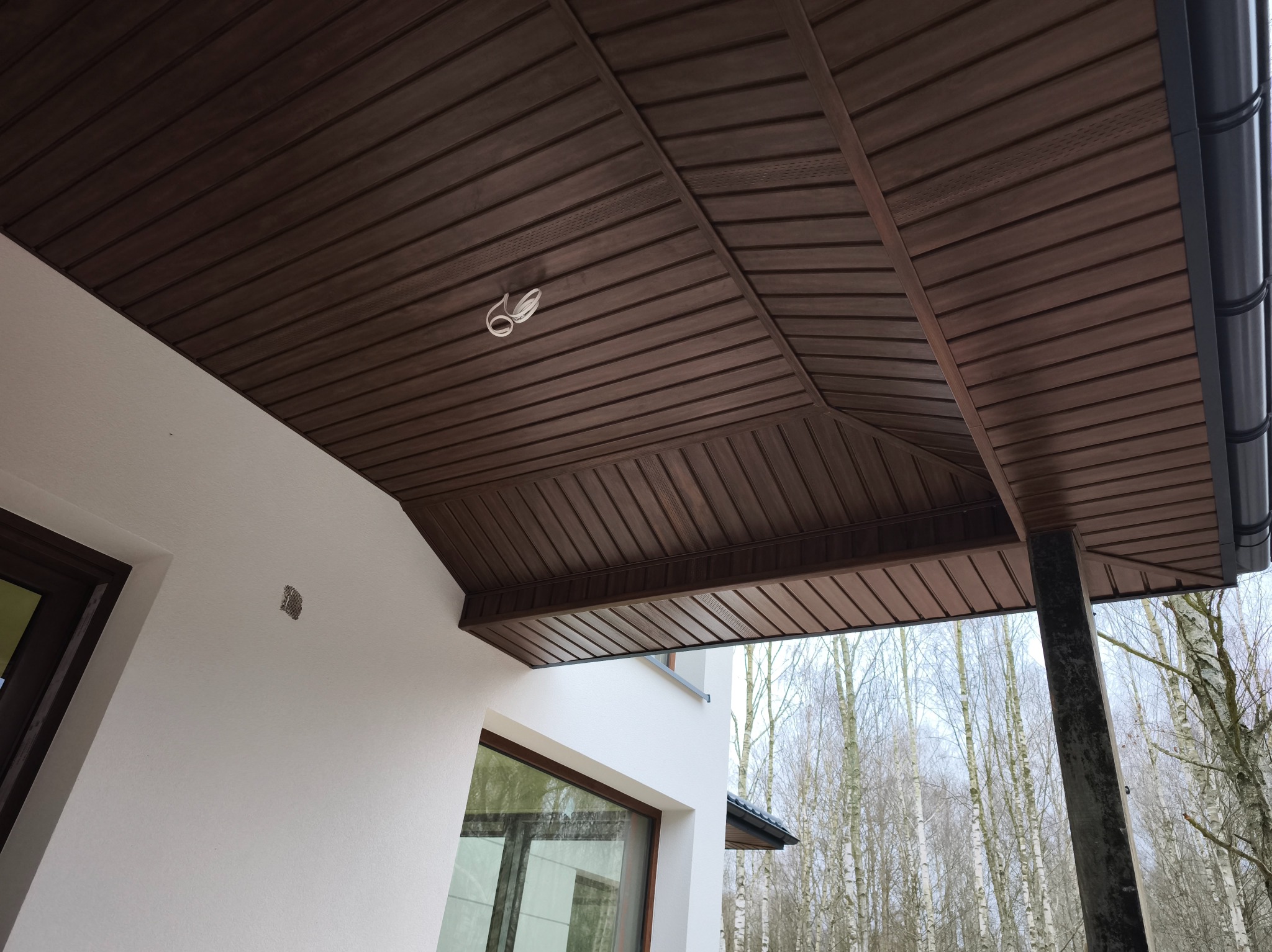 Brunatna podbitka dachowa z oświetleniem punktowym, widoczna z dołu. Biała elewacja budynku z oknami i kolumną. W tle drzewa bez liści.
