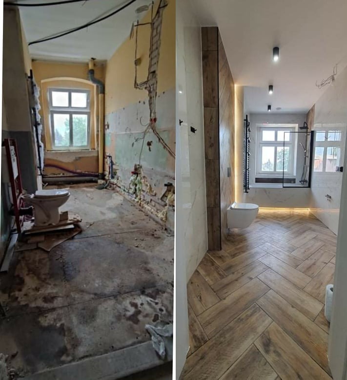 Porównanie stanu łazienki przed i po remoncie: surowe ściany z wystającymi kablami i gruzem zestawione z nowoczesnym wnętrzem z drewnopodobną podłogą w jodełkę, białymi płytkami i oświetleniem LED.