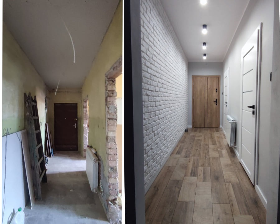 Korytarz przed i po remoncie: surowe ściany z instalacjami kontra biała cegła, drewnopodobne panele i nowoczesne oświetlenie.