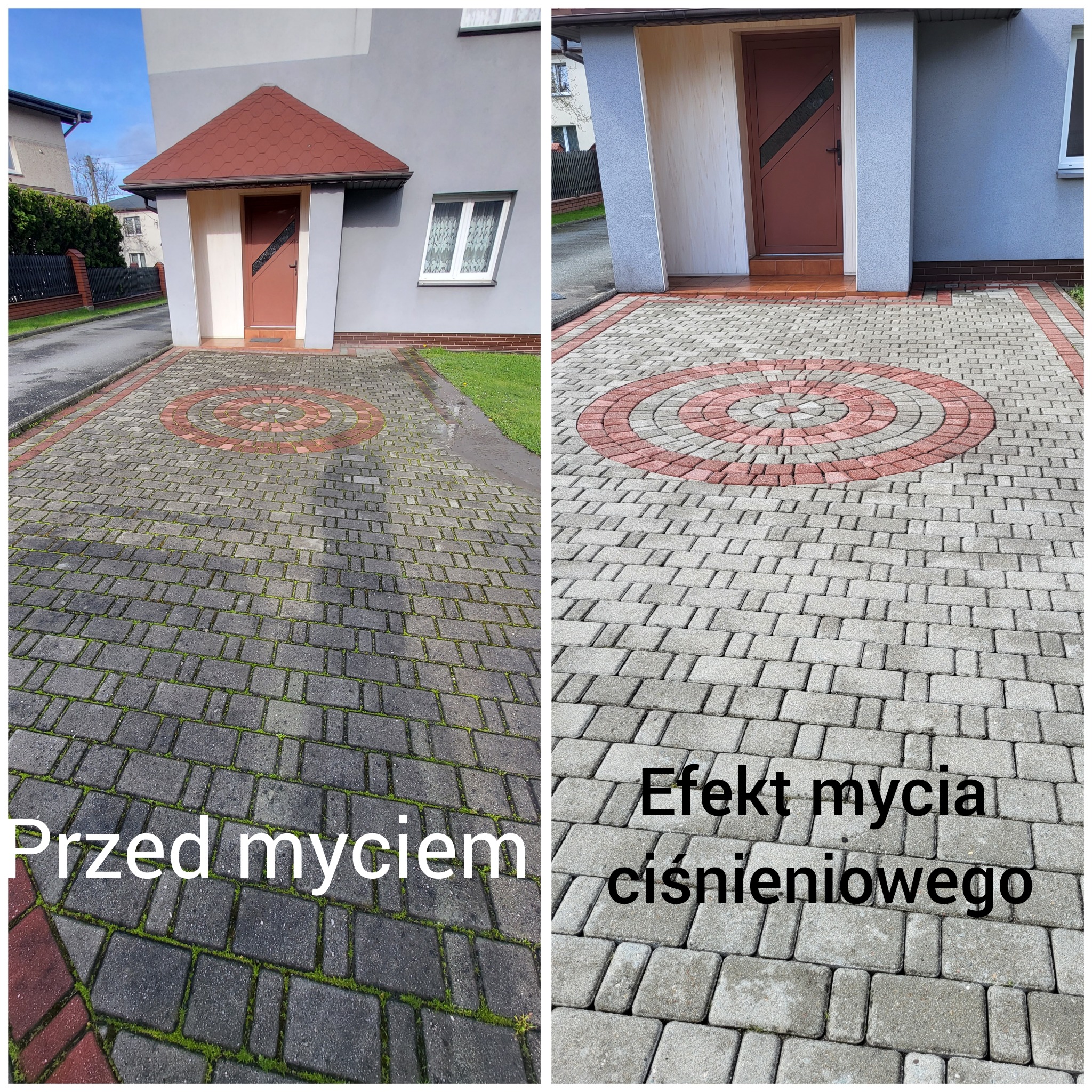 Porównanie kostki brukowej przed i po czyszczeniu: po lewej stronie kostka pokryta mchem i zabrudzeniami, po prawej czysta, szara kostka brukowa z czerwonym wzorem. Widoczny efekt po zastosowaniu...