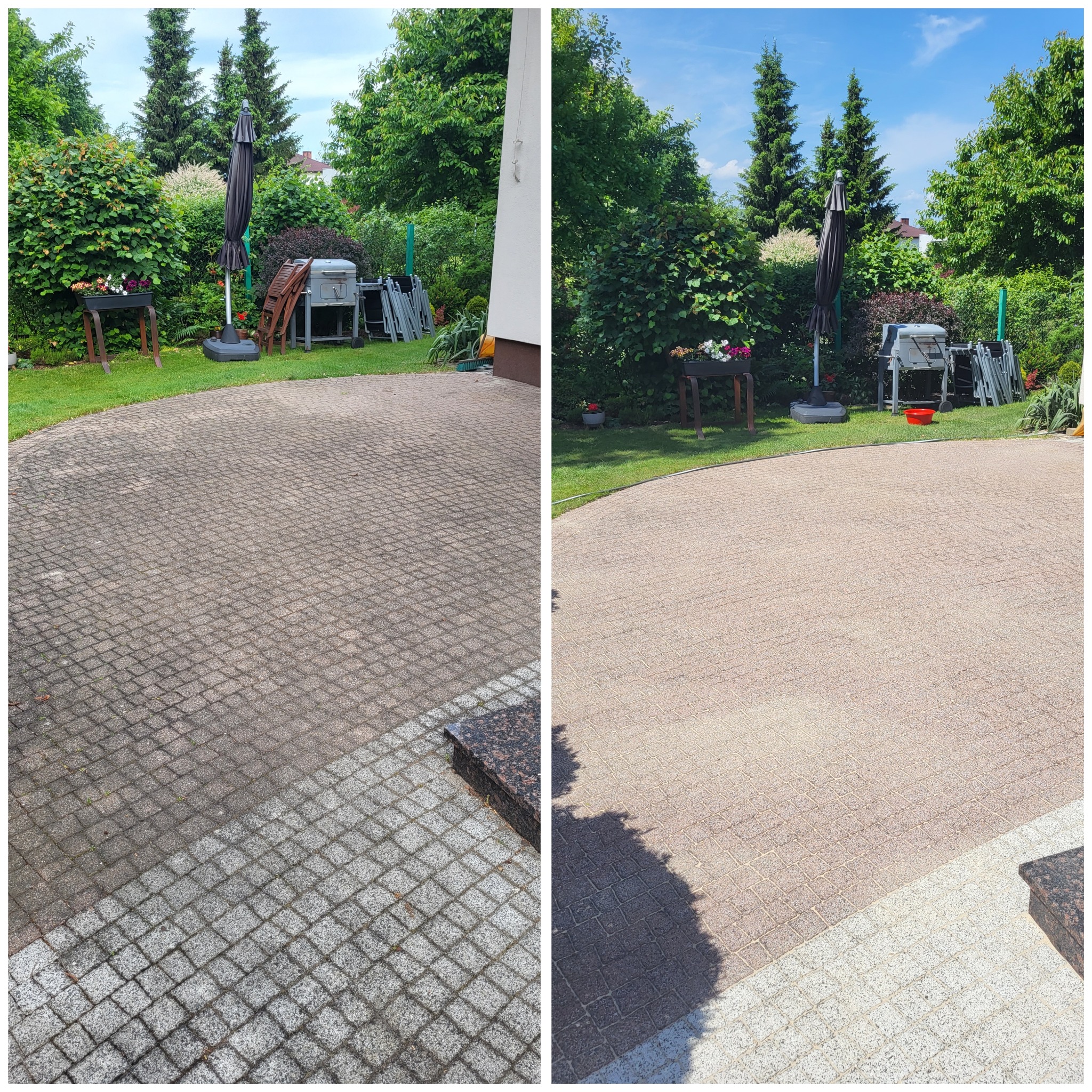 Porównanie stanu kostki brukowej przed i po czyszczeniu; lewa strona brudna, prawa czysta, widoczne otoczenie posesji: trawnik, roślinność, meble ogrodowe.