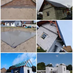 Montaż zbrojenia pod fundament, wylewanie betonu na fundament, budowa ścian z bloczków, montaż dachu z dachówki - etapy budowy domu jednorodzinnego.