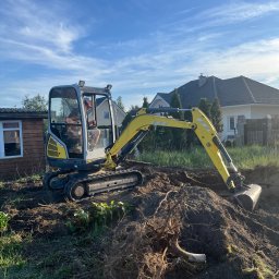 TRANS-POL Klaudia Waliszewska - Żółto-szara mini koparka na gąsienicach, z operatorem w kabinie, pracuje na działce przy drewnianej szopie i domu jednorodzinnym, wykopana ziemia z korzeniami drzew.