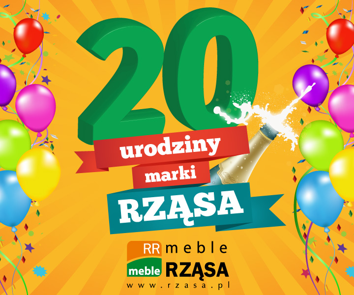 Grafika z okazji 20. urodzin marki meblowej Rząsa, z balonami, konfetti i szampanem, na pomarańczowym tle w promienie. Widoczne logo firmy.