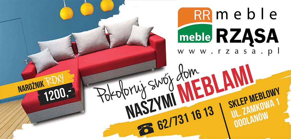 Czerwono-szary narożnik RDXy z poduszkami, oferta sklepu meblowego Rząsa. Grafika z ceną i hasłem: Pokoloruj swój dom naszymi meblami.
