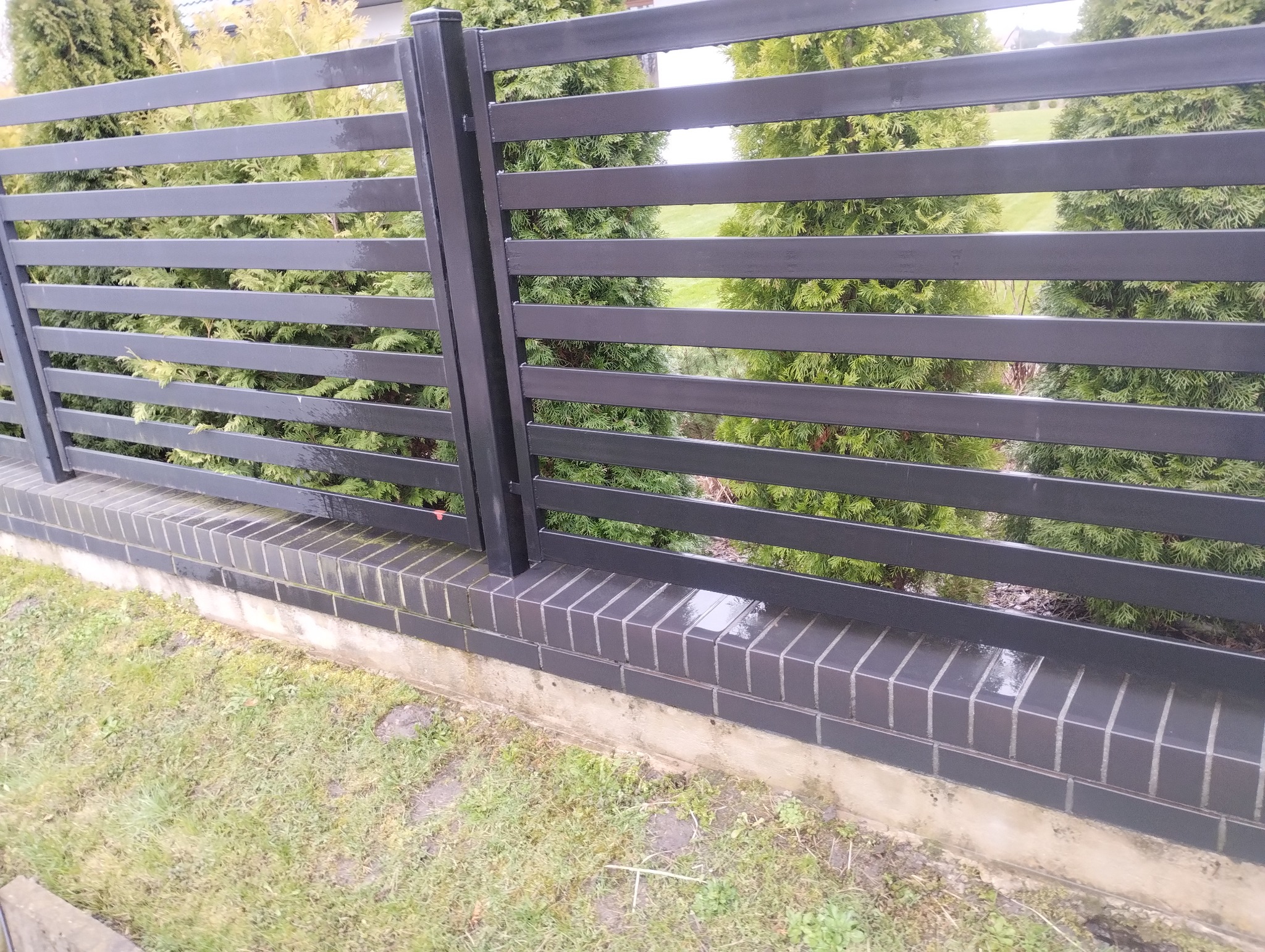 Nowoczesne, poziome, grafitowe ogrodzenie z ceglaną podmurówką na tle zielonych iglaków.
