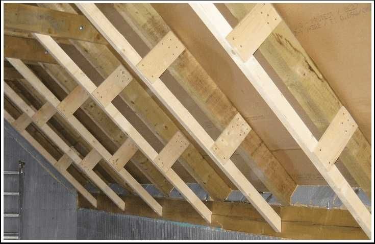 Konstrukcja drewniana poddasza z widocznymi elementami mocującymi, przygotowana do ocieplenia, z fragmentem ściany z szarych bloczków i drabiny w tle.