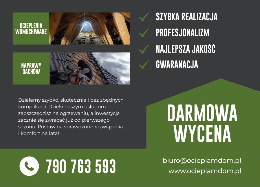 Grafika reklamowa usług: ocieplenia wdmuchiwane i naprawy dachów. Na górze ocieplone poddasze, na dole dekarz naprawiający dach. Darmowa wycena i kontakt.