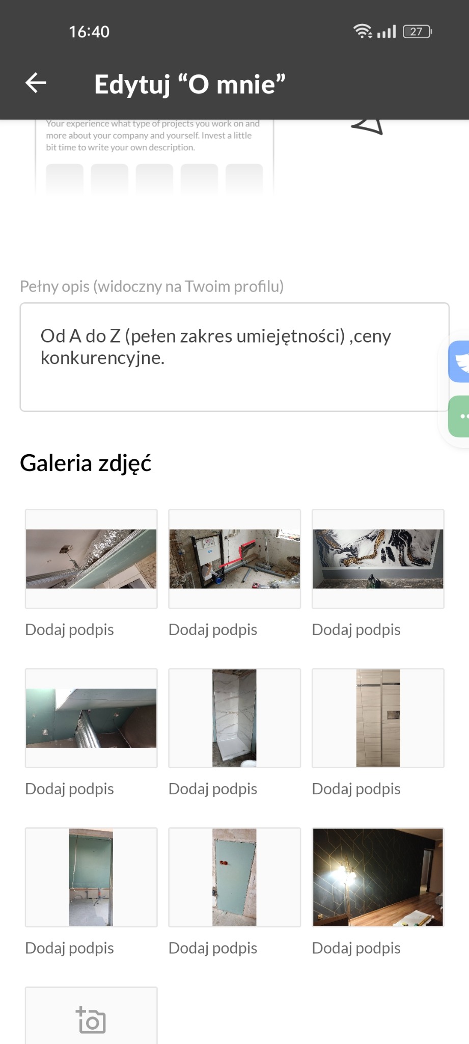 Galeria zdjęć w trakcie edycji profilu na platformie Oferteo.pl, prezentująca różnorodne etapy prac remontowych, w tym surowy stan pomieszczeń, montaż instalacji sanitarnych, wykonanie gładzi...