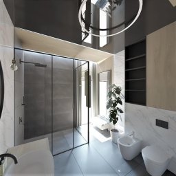 Szejerka Design - Wizualizacja nowoczesnej łazienki z kabiną prysznicową typu walk-in, okrągłym lustrem z ozdobnym oświetleniem, marmurowymi płytkami, wiszącą toaletą i bidetem oraz roślinami doniczkowymi.