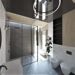 Wizualizacja nowoczesnej łazienki z kabiną prysznicową typu walk-in, okrągłym lustrem z ozdobnym oświetleniem, marmurowymi płytkami, wiszącą toaletą i bidetem oraz roślinami doniczkowymi.