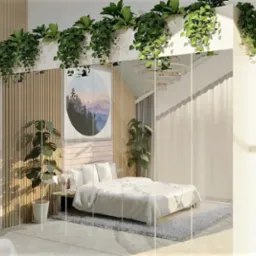 Jasna sypialnia z łóżkiem w białej pościeli, drewnianą ścianą z pionowymi panelami, roślinami doniczkowymi oraz lustrem odbijającym wnętrze, okrągły obraz z motywem górskim.