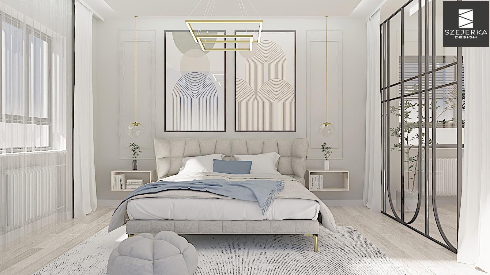 Jasna sypialnia w stylu minimalistycznym z łóżkiem z tapicerowanym zagłówkiem, geometrycznymi obrazami nad łóżkiem, lampami wiszącymi z kulistymi kloszami, oraz szklaną ścianką działową z czarnymi...