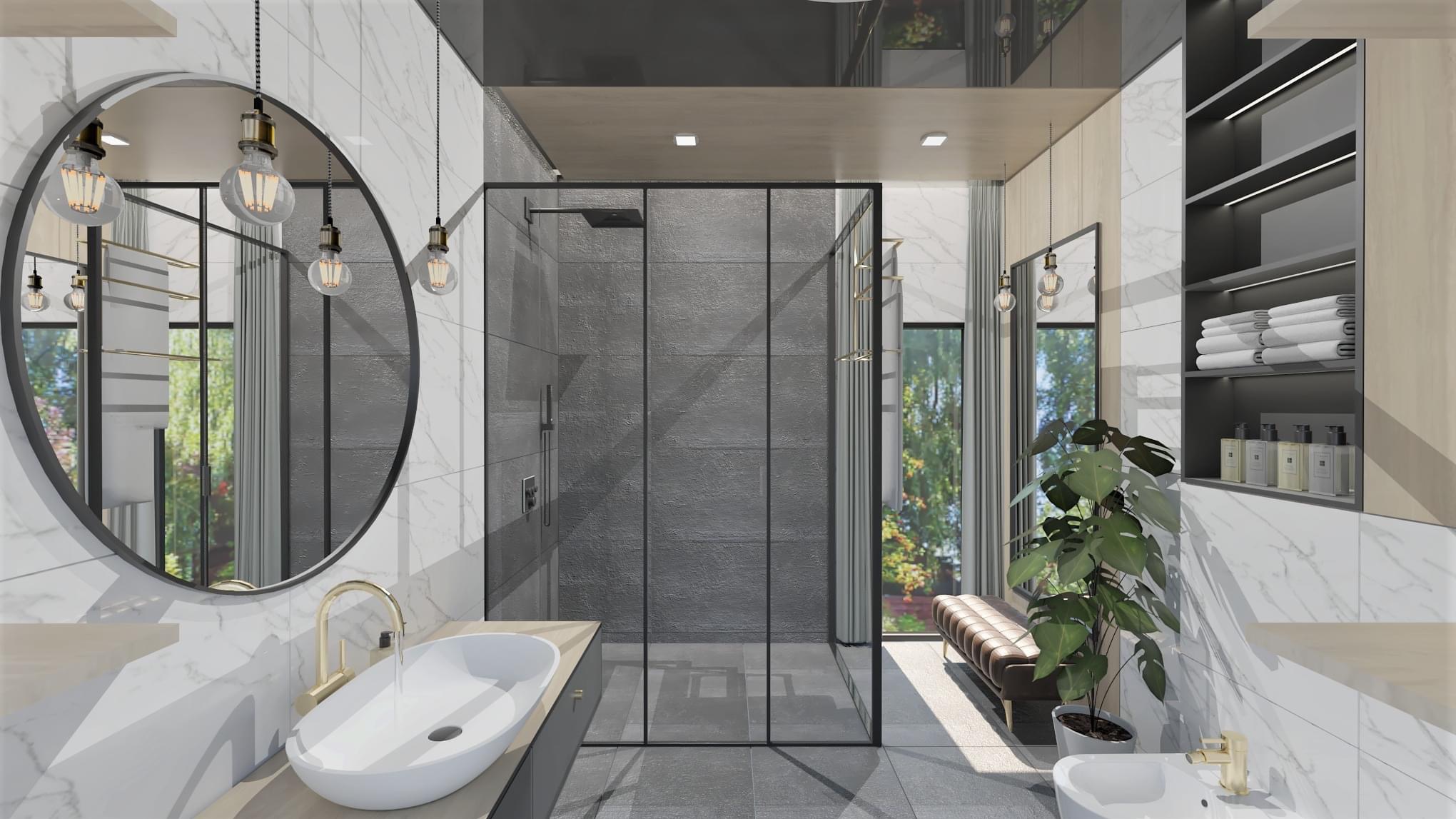 Nowoczesna łazienka z okrągłym lustrem, przeszkloną kabiną prysznicową i rośliną doniczkową, oświetlona wiszącymi żarówkami edisona.