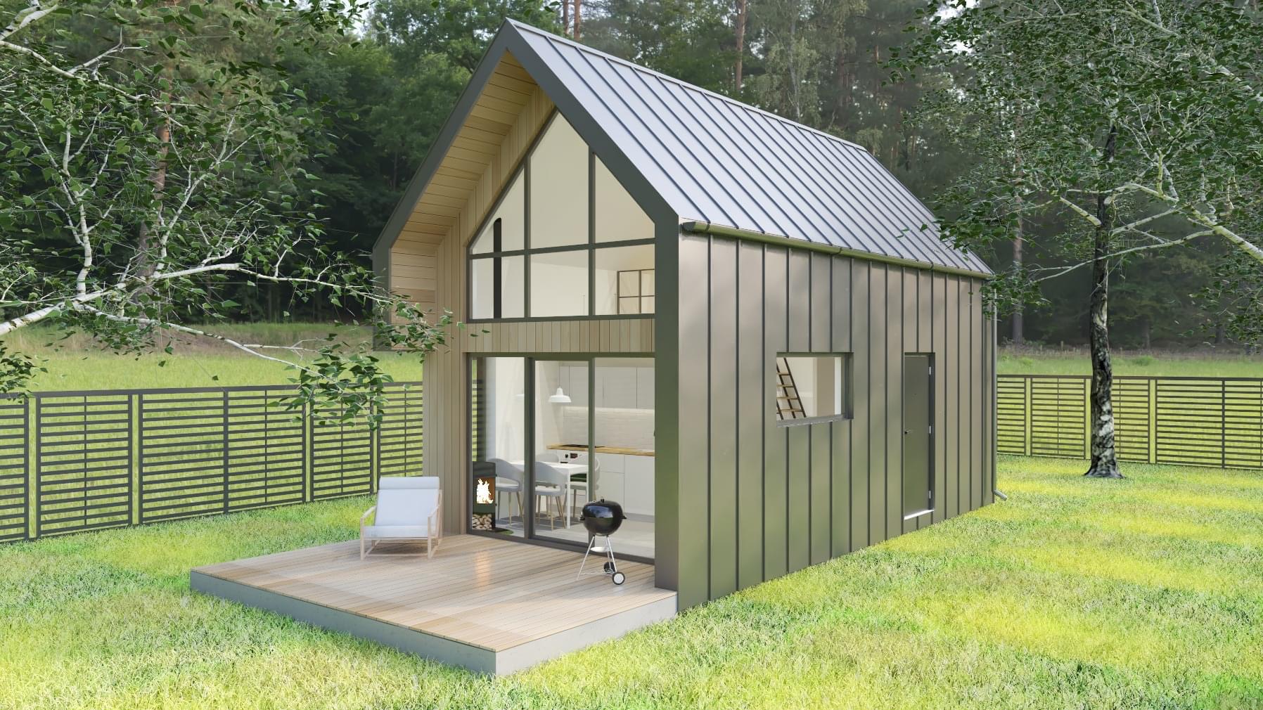 Wizualizacja nowoczesnego, parterowego domu z szarej blachy na tle zielonego ogrodu i lasu, z tarasem z jasnego drewna, na którym stoi biały fotel i czarny grill.