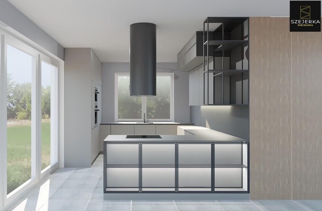 Wizualizacja nowoczesnej kuchni w odcieniach szarości z wyspą, cylindrycznym okapem i dużym oknem z widokiem na zieleń, zaakcentowana drewnianą ścianą z pionowymi panelami i logo firmy projektowej...