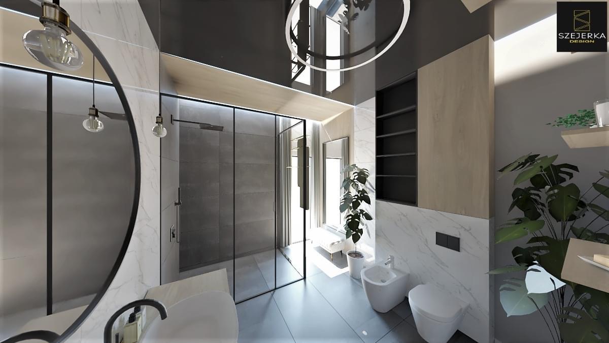 Wizualizacja nowoczesnej łazienki z kabiną prysznicową typu walk-in, okrągłym lustrem z ozdobnym oświetleniem, marmurowymi płytkami, wiszącą toaletą i bidetem oraz roślinami doniczkowymi.