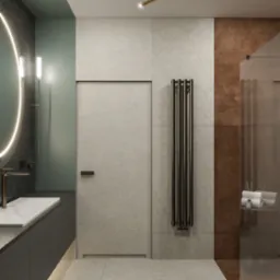 Nowoczesna łazienka z okrągłym lustrem podświetlanym LED, ciemnoszarą szafką pod umywalką, pionowym grzejnikiem drabinkowym i minimalistycznym oświetleniem sufitowym.