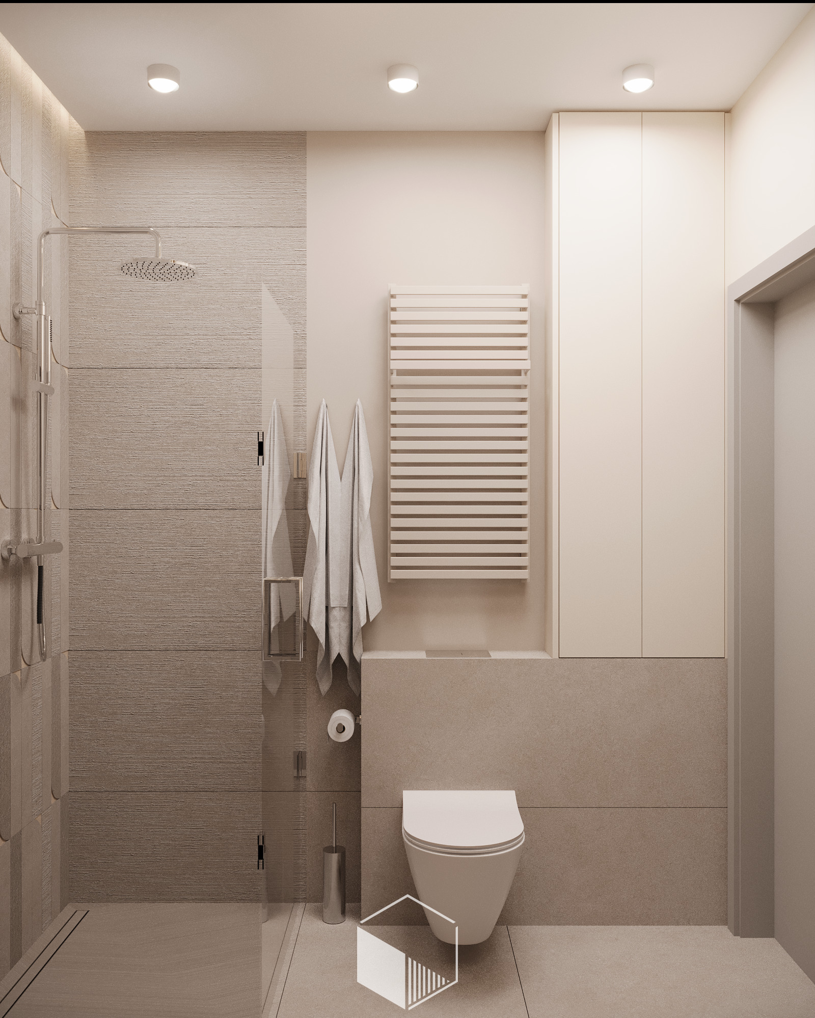 Nowoczesna łazienka w beżowych odcieniach z kabiną prysznicową typu walk-in, grzejnikiem drabinkowym, wiszącą toaletą i ukrytą szafką nad nią.