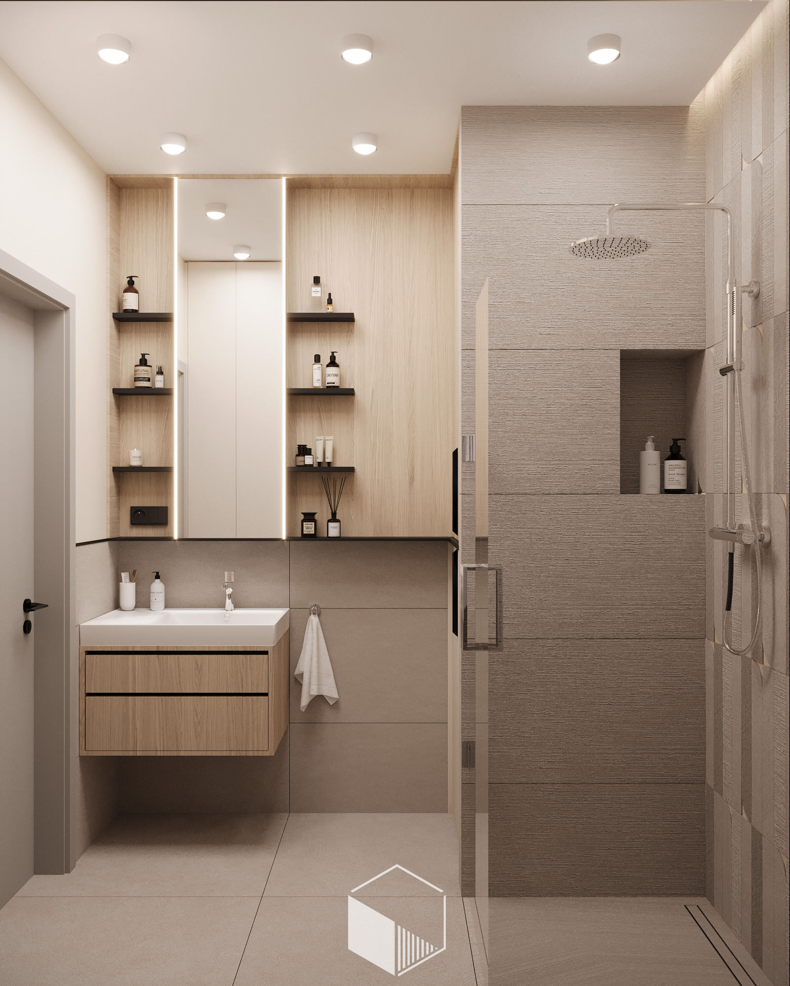 Nowoczesna łazienka z drewnianymi akcentami: szafka pod umywalką z dwiema szufladami, lustro z podświetleniem LED, półki z kosmetykami, kabina prysznicowa z deszczownicą i wnęką na kosmetyki, szary...