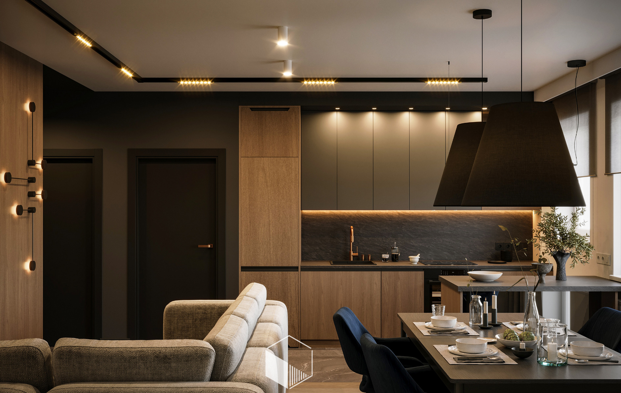 Nowoczesne wnętrze mieszkania z otwartą kuchnią, drewnianymi szafkami i czarnym blatem, oświetlone listwami LED i lampami wiszącymi nad stołem jadalnym z nakryciem dla dwóch osób.