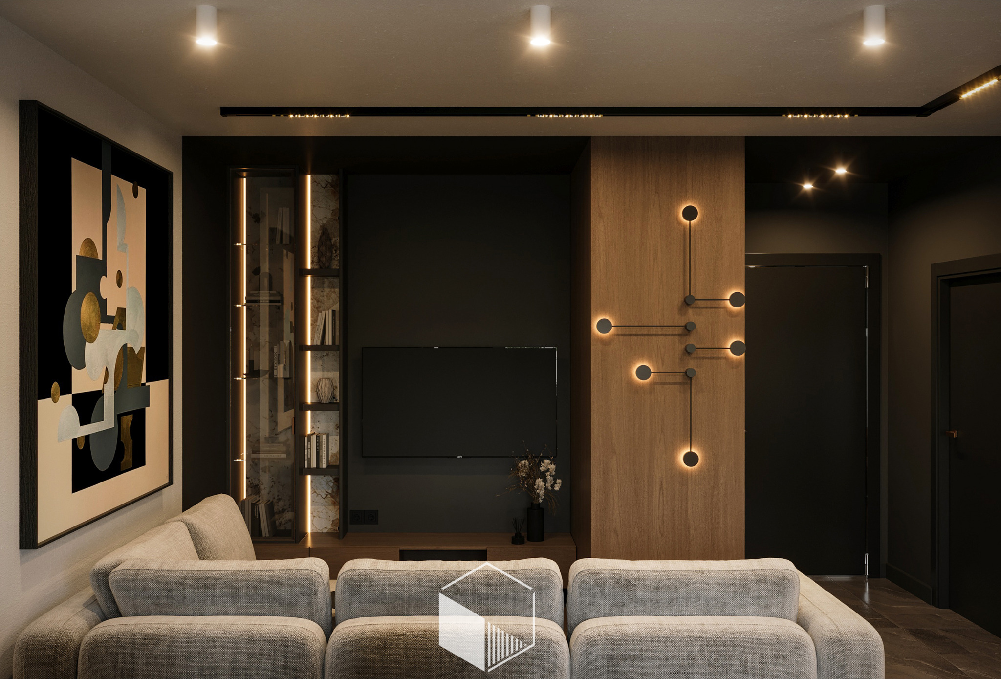 Nowoczesny salon z szarą sofą modułową, czarną ścianą TV, podświetlaną półką z książkami i dekoracyjną lampą ścienną z okrągłymi punktami świetlnymi.