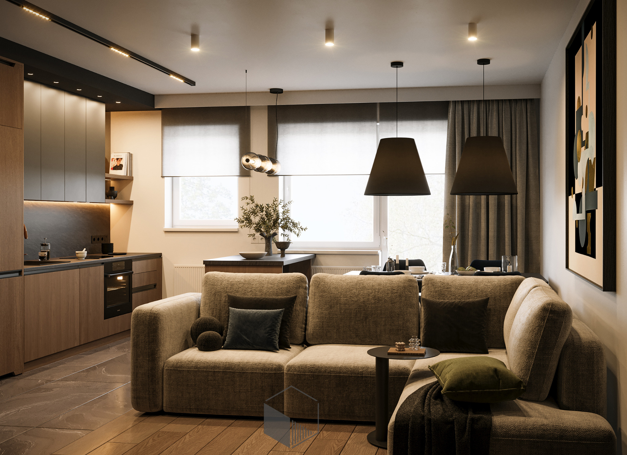 Nowoczesny salon z otwartą kuchnią: beżowa sofa z poduszkami, drewniana podłoga, czarne lampy wiszące, minimalistyczna grafika na ścianie, widok na okno z roletami rzymskimi i częściowo widoczna...