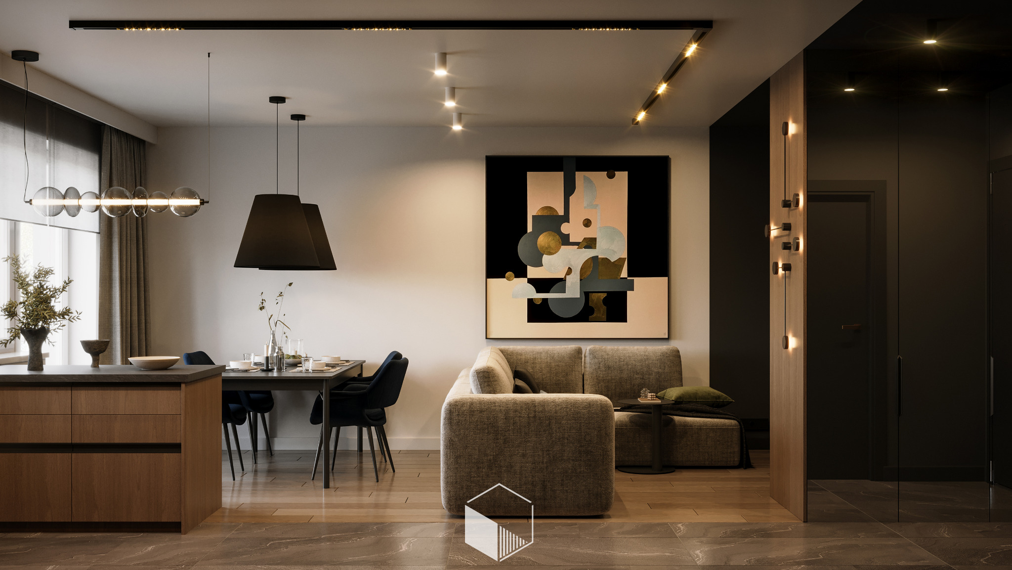 Nowoczesne wnętrze mieszkania z otwartą przestrzenią: kuchnia z wyspą, jadalnia z czarnymi lampami stożkowymi, salon z abstrakcyjnym obrazem i szarą sofą, oświetlenie punktowe na szynoprzewodach...
