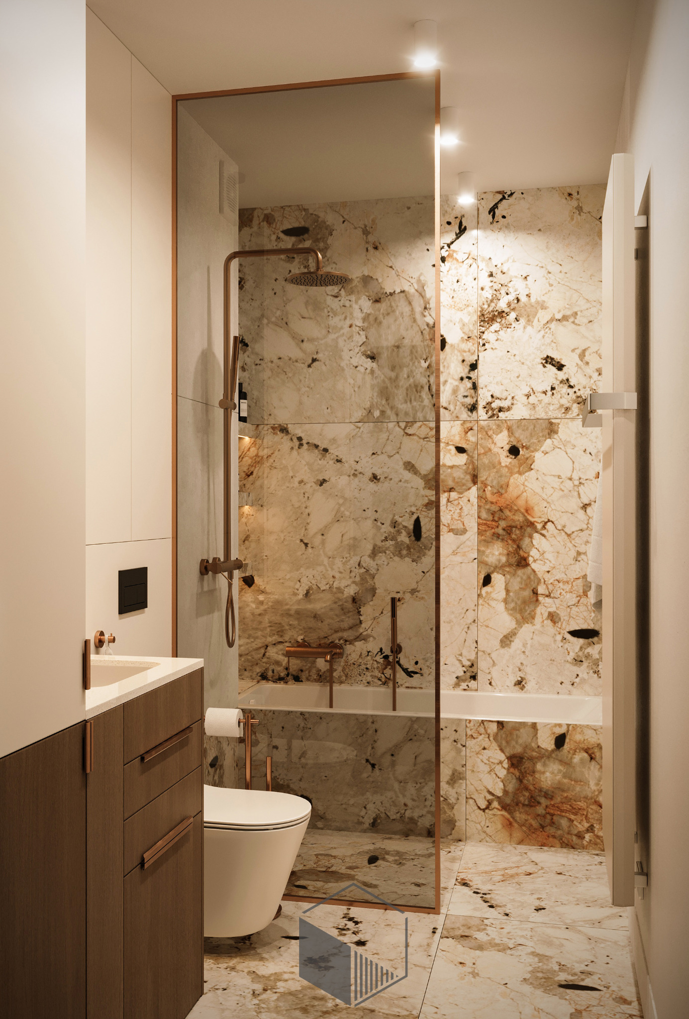 Nowoczesna łazienka z marmurowymi płytkami, kabiną prysznicową z miedzianymi elementami i wiszącą toaletą, oświetlona punktowymi światłami.