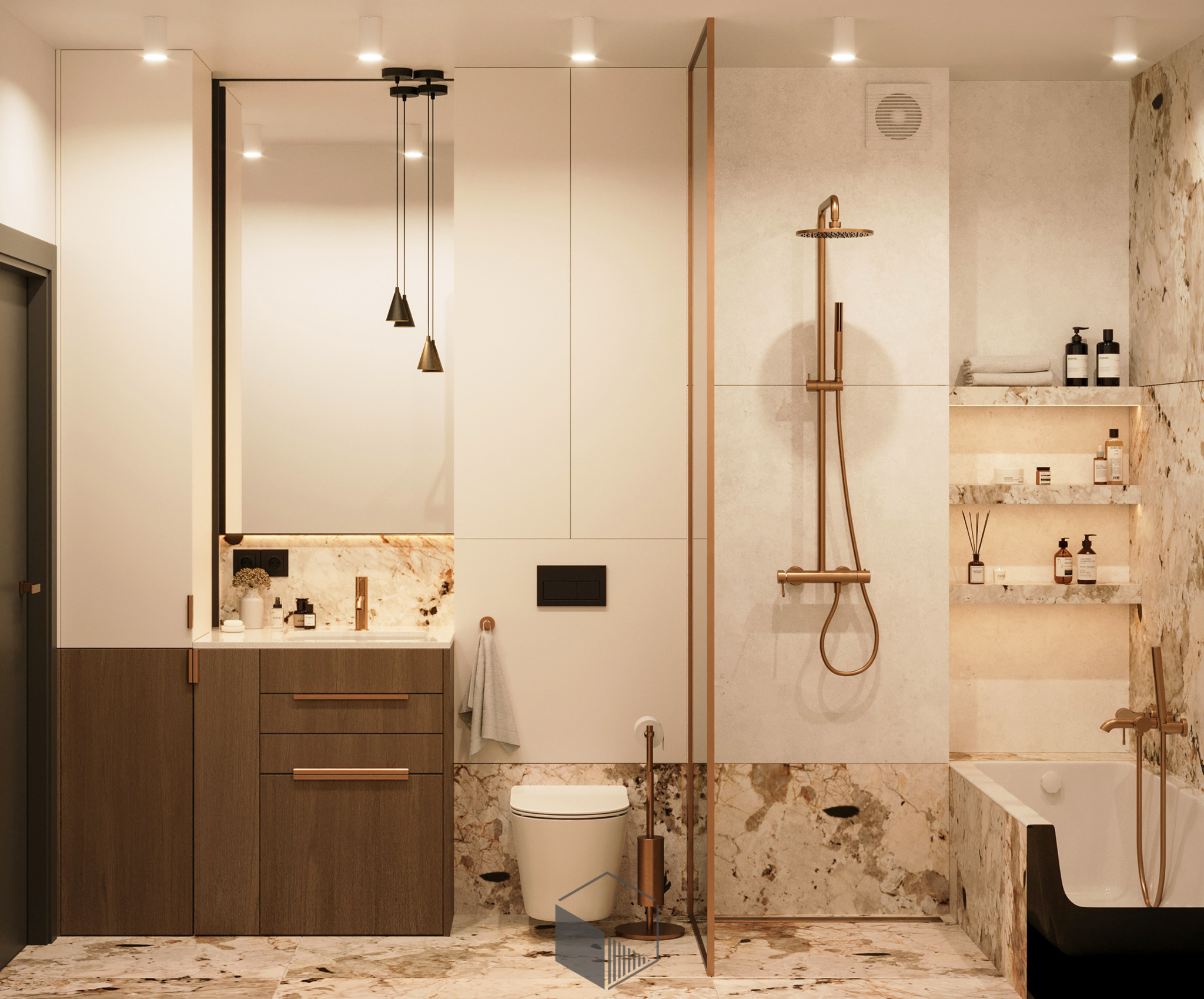 Nowoczesna łazienka z marmurowymi akcentami: wolnostojąca bateria wannowa w kolorze miedzi, kabina prysznicowa typu walk-in z miedzianą ramą, wisząca toaleta i szafka pod umywalką z drewnianymi...