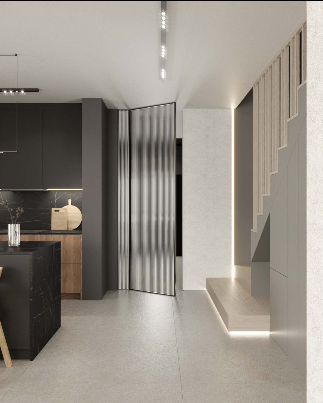 Nowoczesne wnętrze: czarna kuchnia z marmurowym blatem, drewniane szafki, szklane drzwi, podświetlane schody z drewnianą balustradą, minimalistyczne oświetlenie sufitowe.