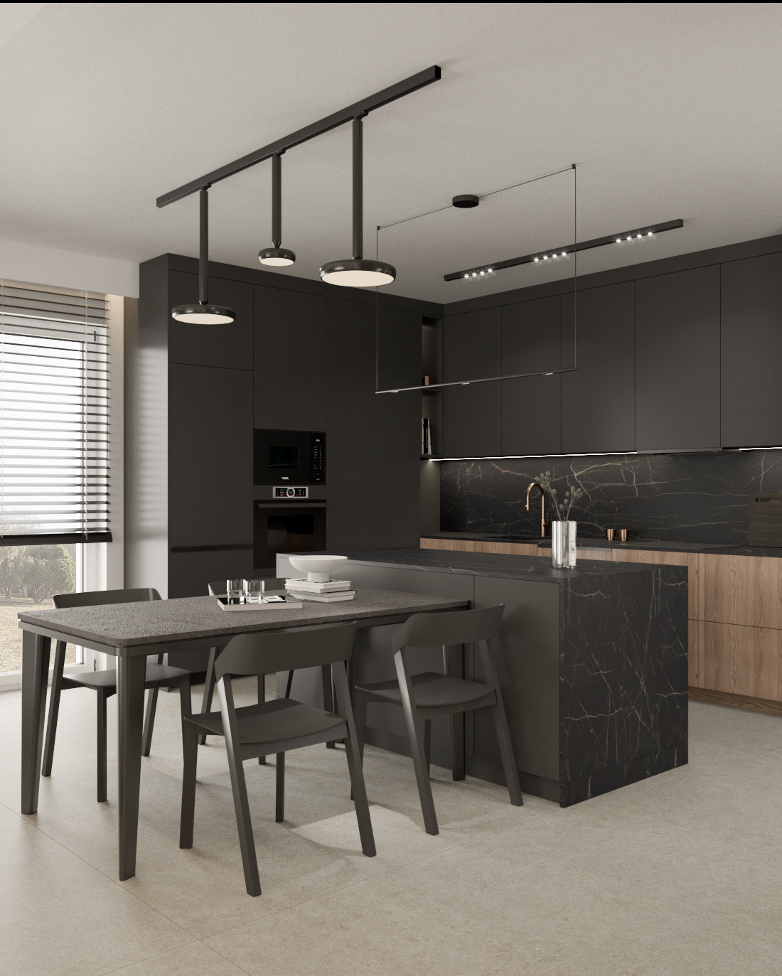 Nowoczesna kuchnia z czarnymi szafkami, marmurowym blatem i wyspą, oświetlona listwami LED i wiszącymi lampami, z szarym stołem i krzesłami w minimalistycznym stylu.