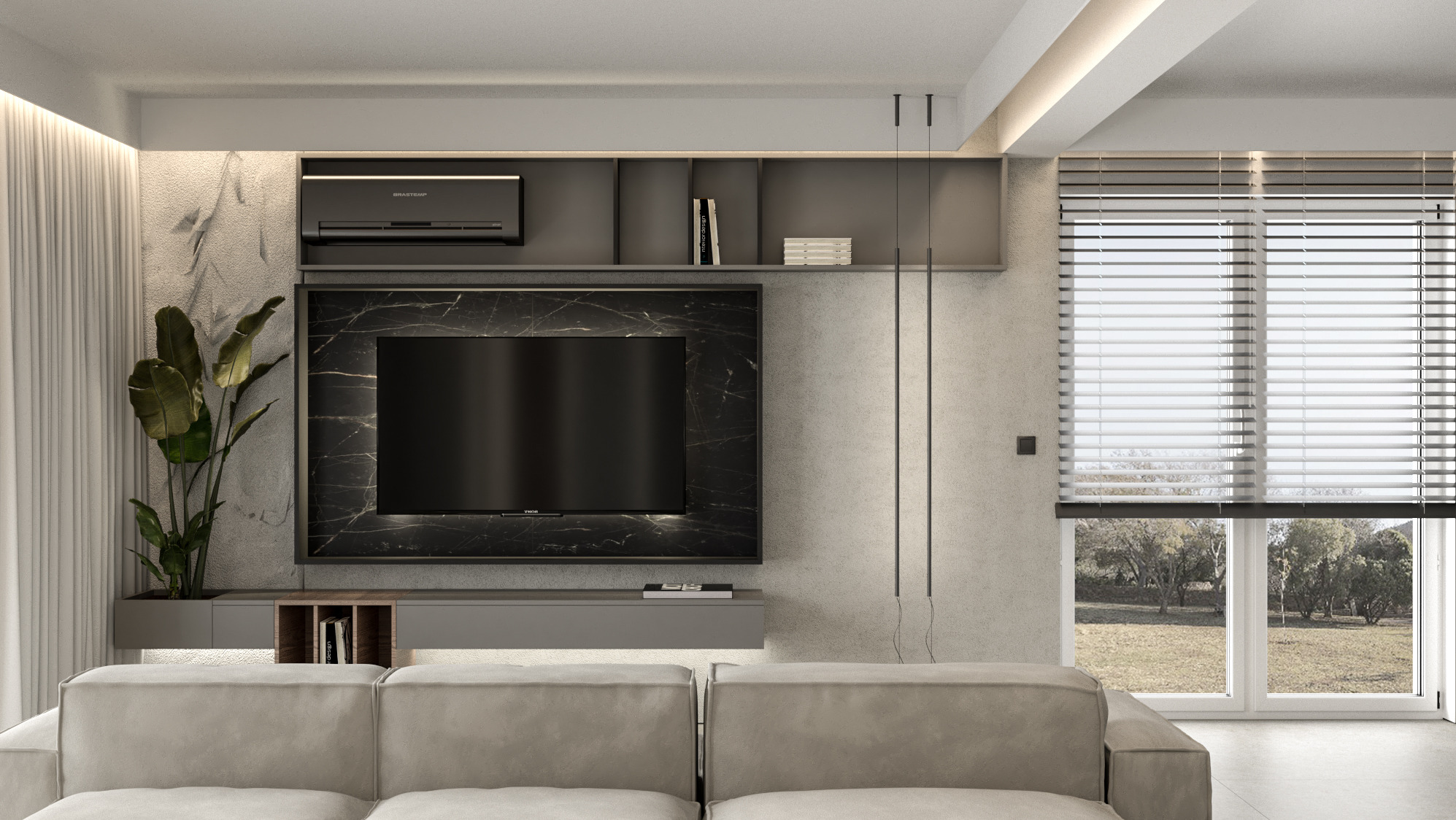 Nowoczesny salon z telewizorem otoczonym czarnym marmurem, minimalistycznym oświetleniem i rośliną doniczkową, widok z perspektywy kanapy.