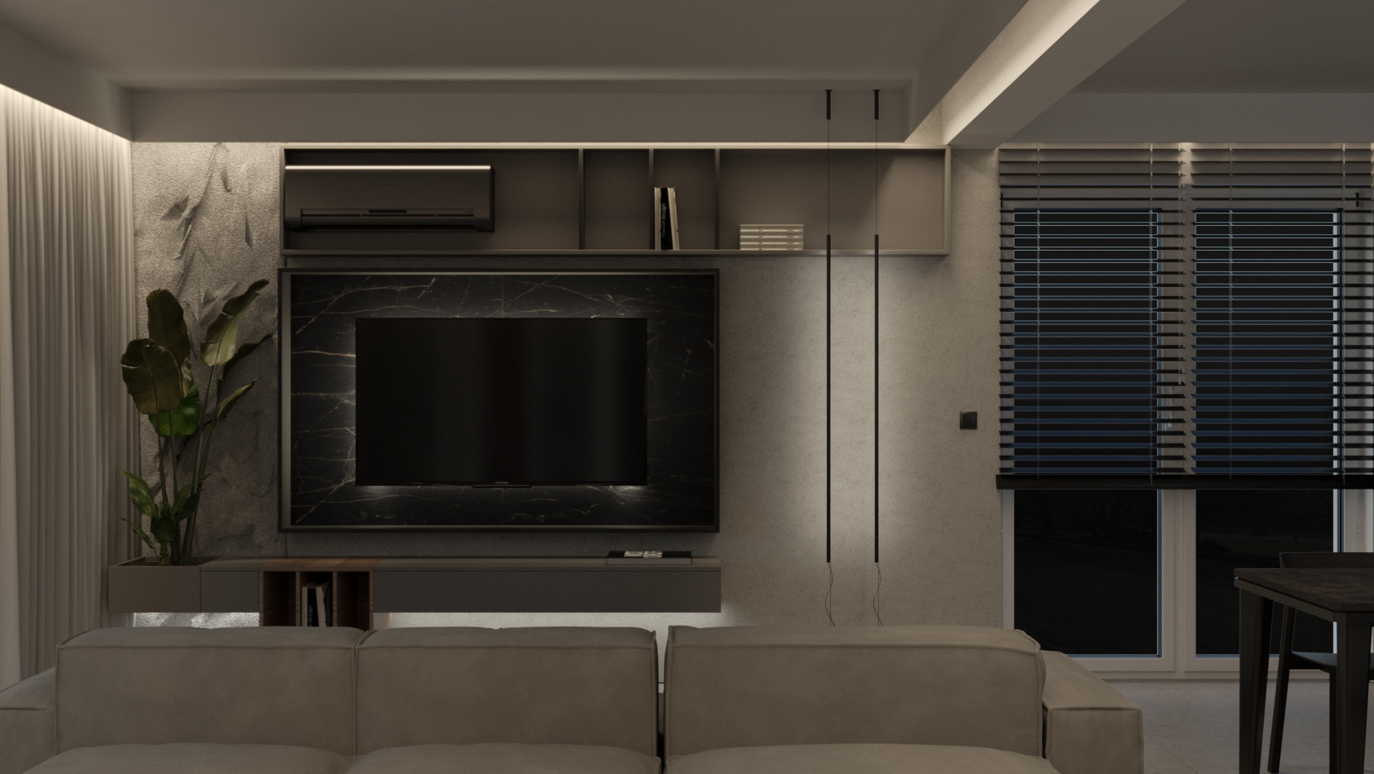 Salon w stonowanej kolorystyce z telewizorem w marmurowej obudowie, rośliną doniczkową i minimalistycznym oświetleniem punktowym.