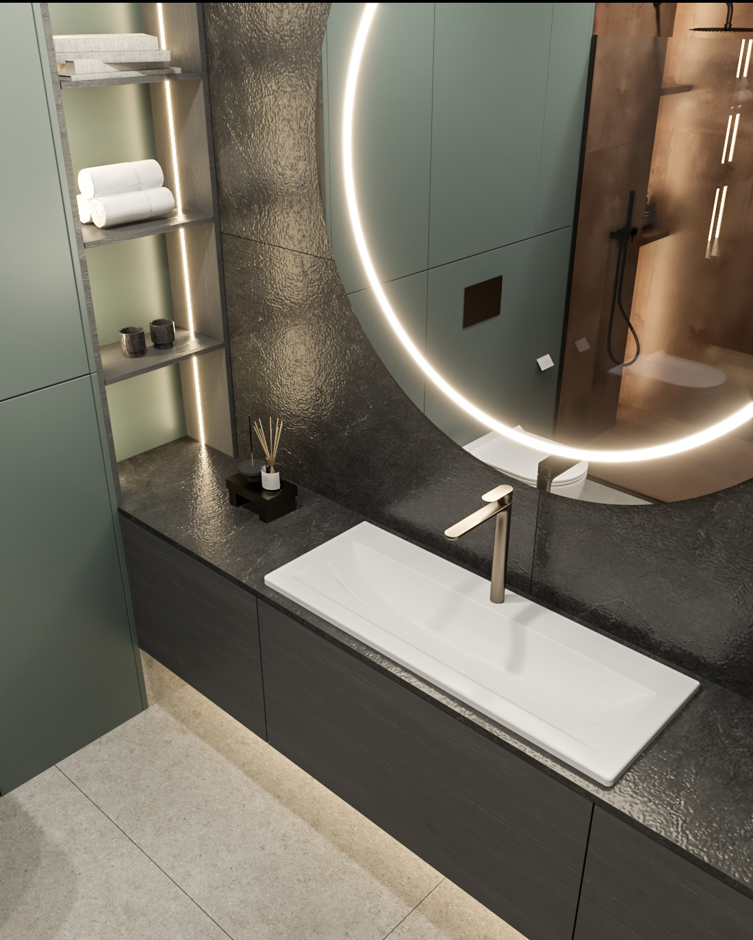 Nowoczesna łazienka z podświetlanym lustrem w kształcie okręgu, minimalistyczną umywalką nablatową z wysoką baterią, szafką pod umywalką z ciemnego drewna, półkami z ręcznikami i dyfuzorem...