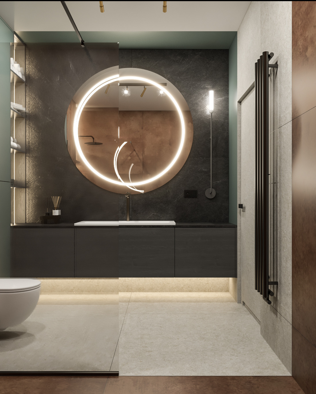 Nowoczesna łazienka z podświetlanym okrągłym lustrem, czarnymi szafkami pod umywalką i grzejnikiem drabinkowym w ciemnym kolorze. Podświetlenie LED pod szafkami dodaje ciepłego blasku.