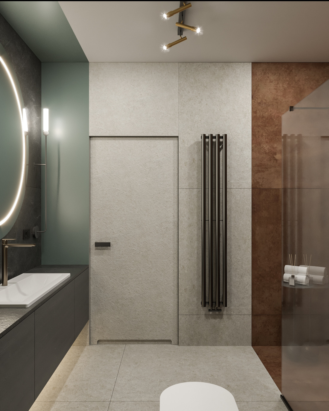 Nowoczesna łazienka z okrągłym lustrem podświetlanym LED, ciemnoszarą szafką pod umywalką, pionowym grzejnikiem drabinkowym i minimalistycznym oświetleniem sufitowym.