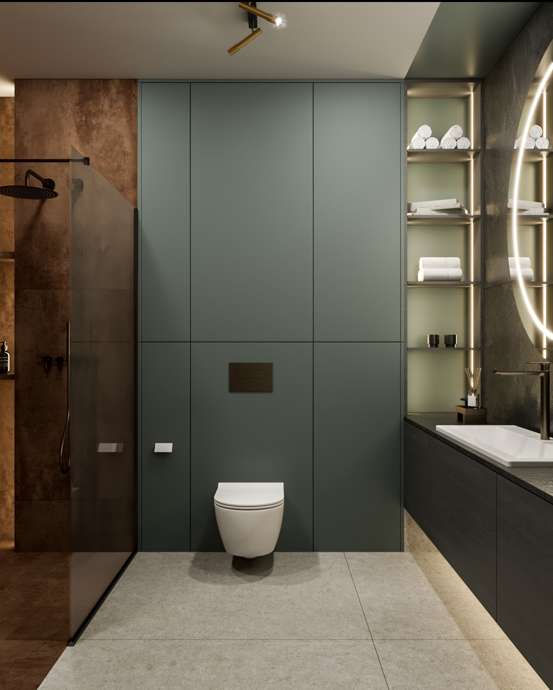 Nowoczesna łazienka z kabiną prysznicową typu walk-in, podwieszaną toaletą, umywalką wpuszczaną w blat i podświetlanym lustrem okrągłym, uzupełniona o półki z ręcznikami i dekoracjami.