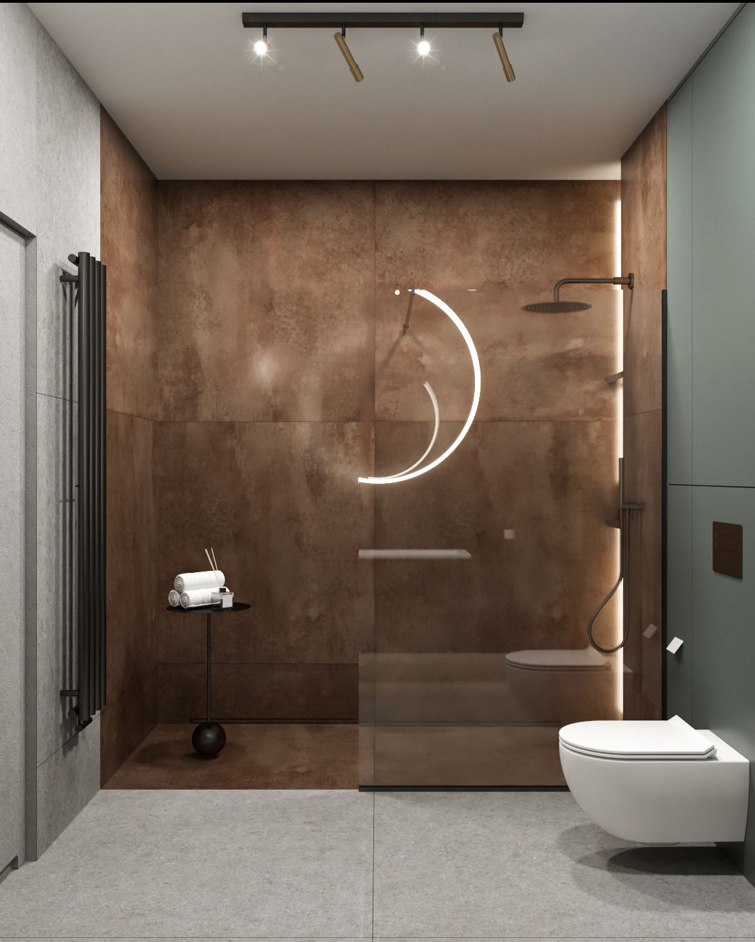 Nowoczesna łazienka z miedzianą ścianą prysznicową, podświetlanym półkolem i wiszącą toaletą, uzupełniona czarnym grzejnikiem drabinkowym i małym stolikiem z ręcznikami.