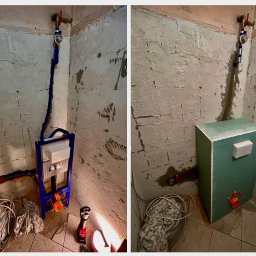 Paweł Łukasik SaniSafe Technika Grzewcza i Sanitarna - Dwa ujęcia wnętrza łazienki w trakcie remontu: z lewej stelaż podtynkowy do WC zamontowany na ścianie, z prawej obudowa z płyt gipsowo-kartonowych z widocznymi przyłączami.