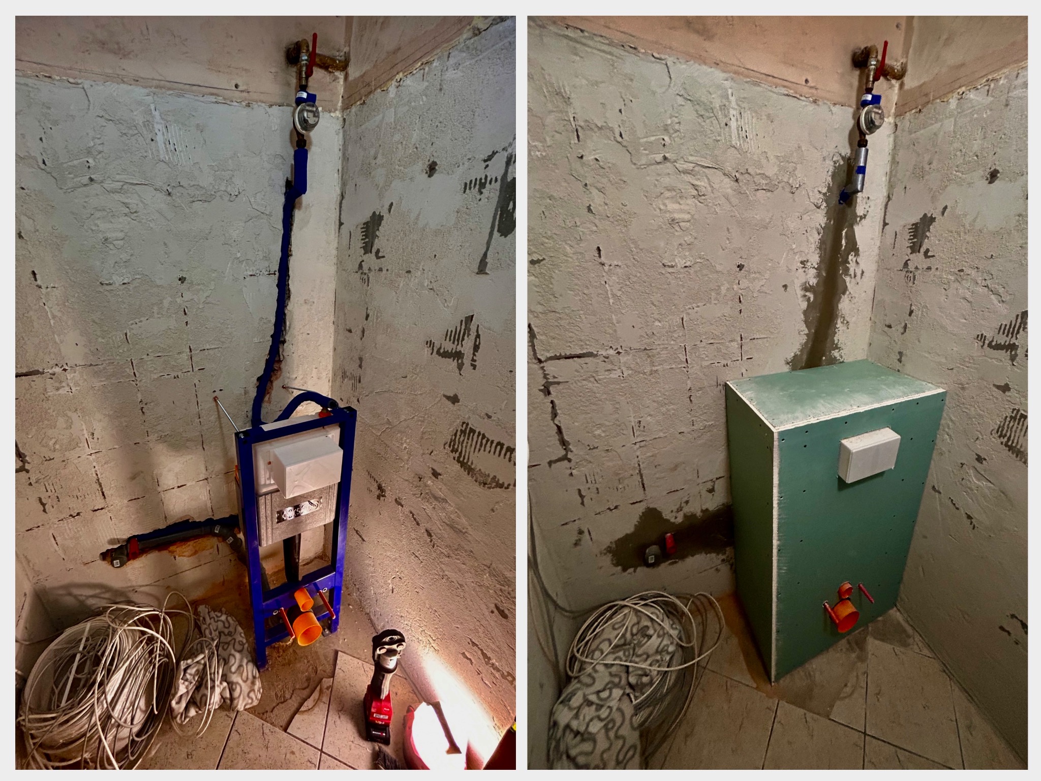 Dwa ujęcia wnętrza łazienki w trakcie remontu: z lewej stelaż podtynkowy do WC zamontowany na ścianie, z prawej obudowa z płyt gipsowo-kartonowych z widocznymi przyłączami.