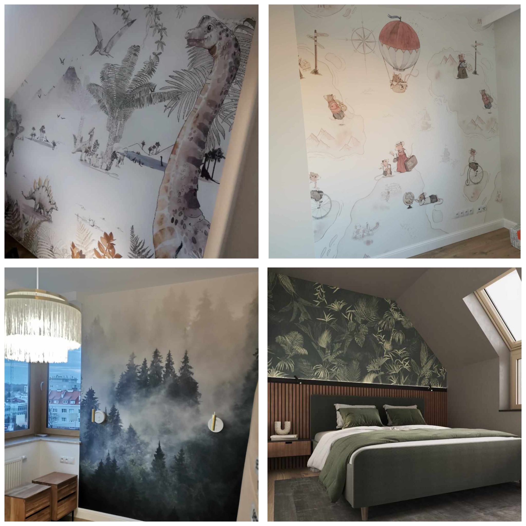 Kompozycja czterech zdjęć przedstawiających pokoje z różnymi wzorami tapet: motywy zwierzęce (dinozaury, żyrafa), mapa świata z myszkami w balonie, mglisty las iglasty oraz tropikalne liście...