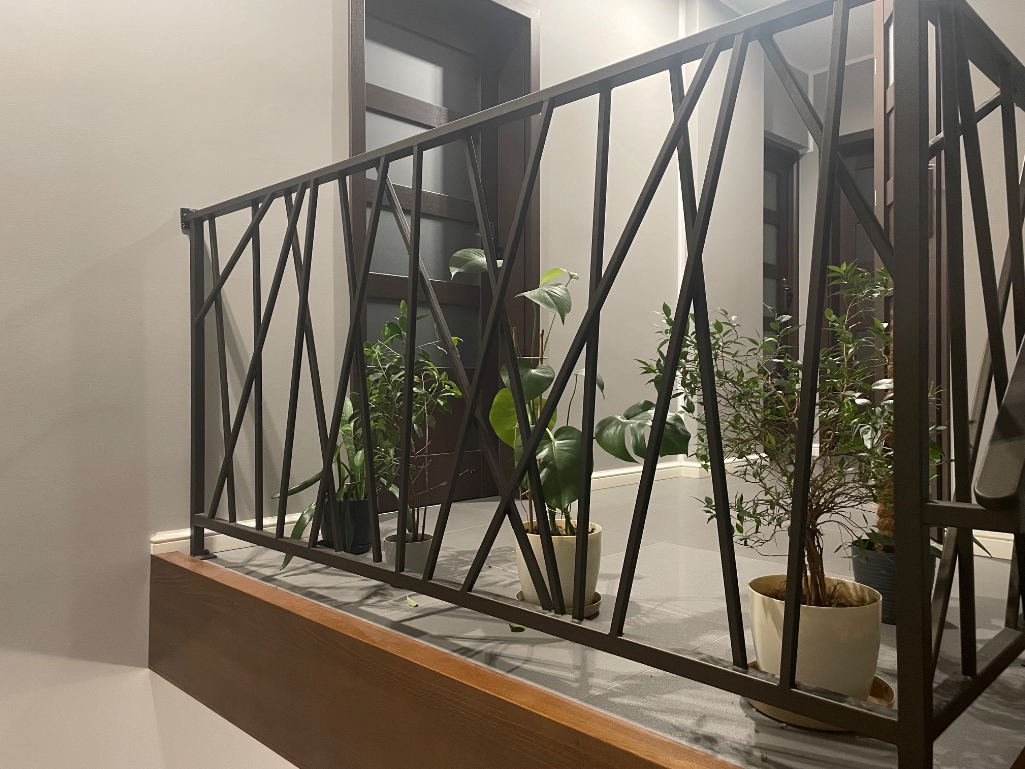 Wewnętrzna balustrada z metalu o geometrycznym wzorze, z roślinami doniczkowymi na tle szarej podłogi i ciemnych drzwi.