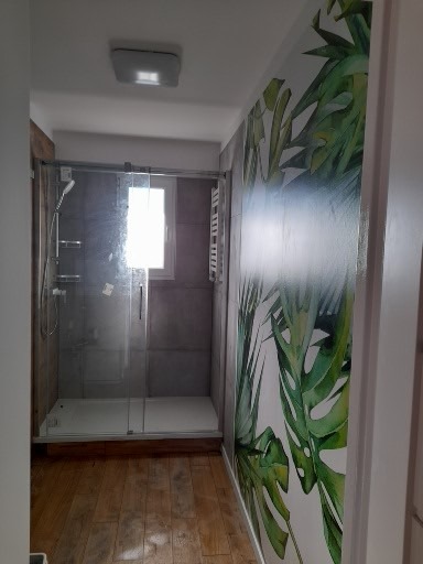 Wykończona łazienka z kabiną prysznicową typu walk-in, drewnianą podłogą i ścianą z motywem tropikalnych liści.