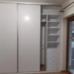 Biała szafa przesuwna z otwartymi półkami i szufladami, wbudowana we wnękę, widoczna drewniana podłoga i okno z widokiem na zewnątrz.