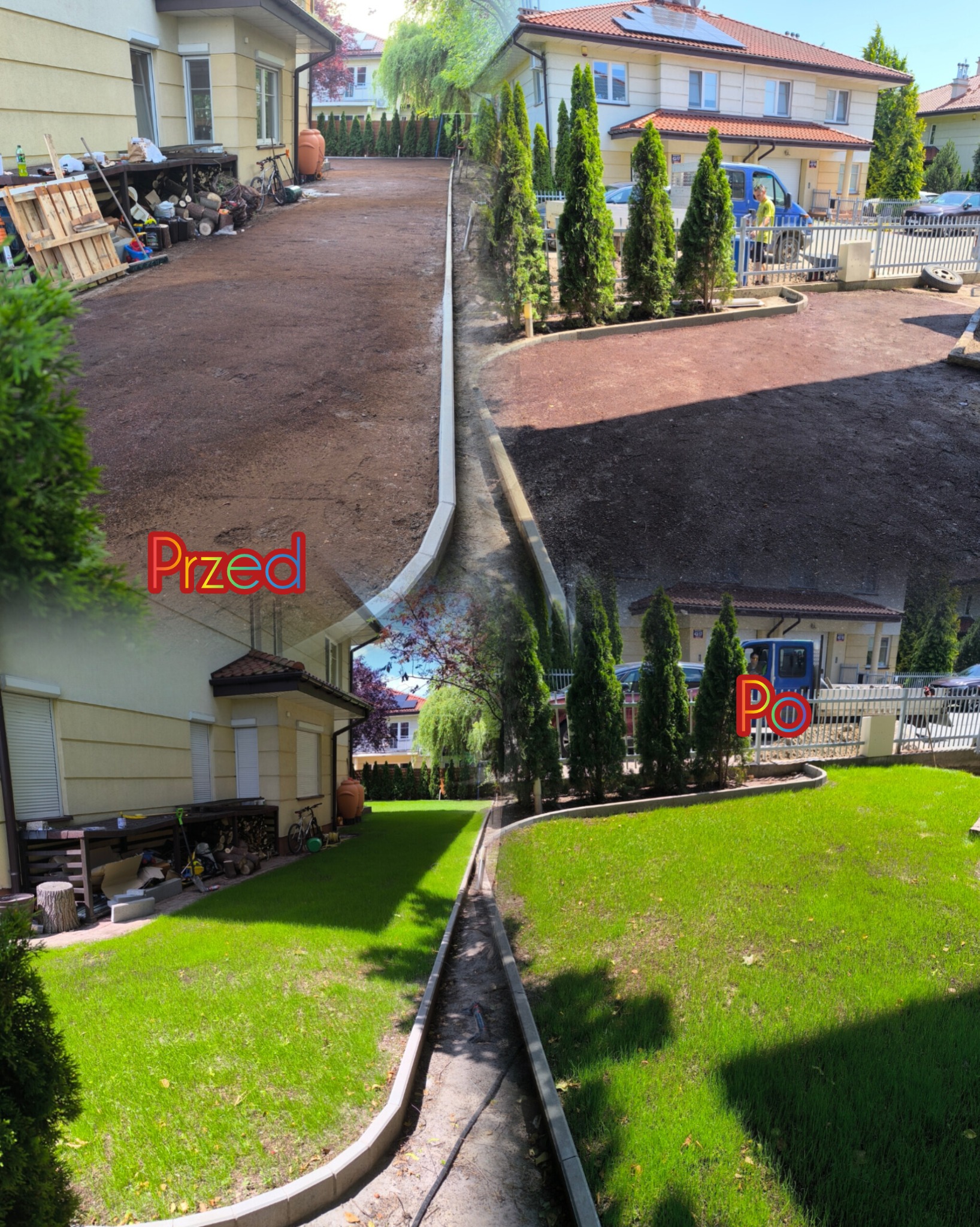 Zdjęcie 'przed i po' ukazuje transformację terenu: od ziemi i gruzu do zadbanego trawnika z obrzeżami i tujami. Widoczne domy w tle. Kontrast zmian, estetyka ogrodu.